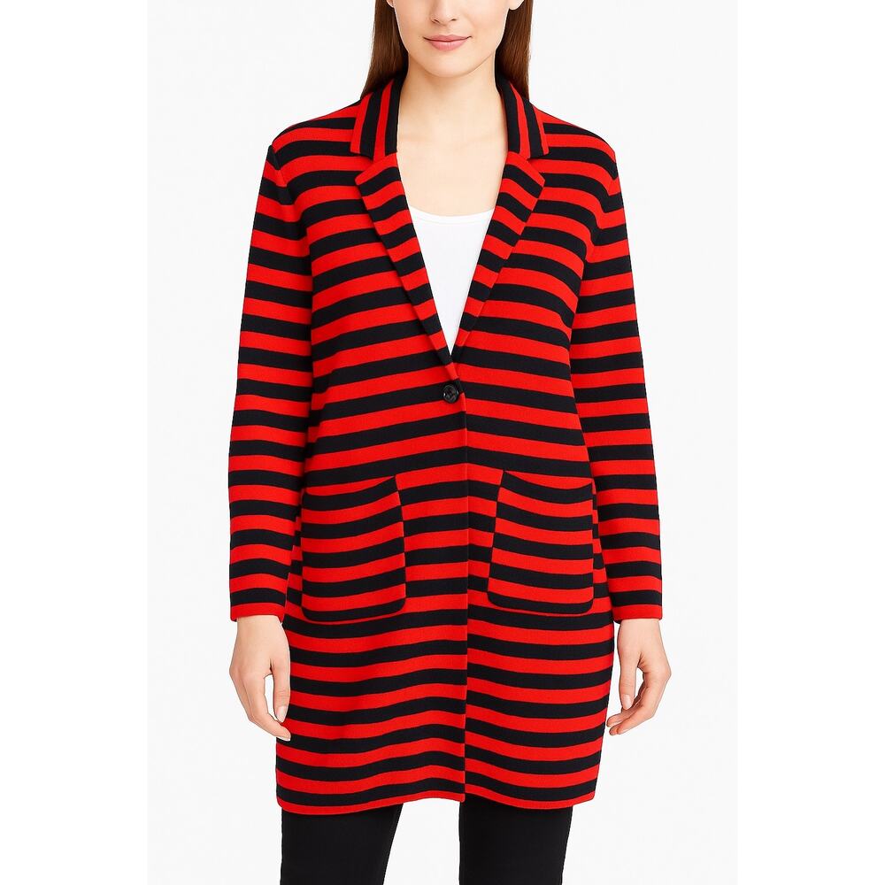 Ann Taylor Red & Navy Striped Long Knit 1 buttton Coatigans Cardigan Coat Large